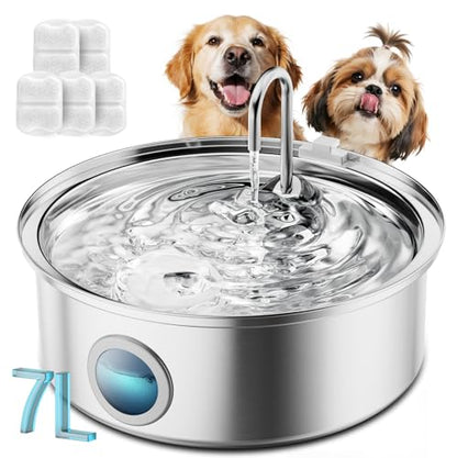 Oneisall Dog Water Fountain PWF002 | 7L/230oz Contain 5 Set Filters,25dB Quiet,Stainless Steel,Visual Water,5-Layer Filtration