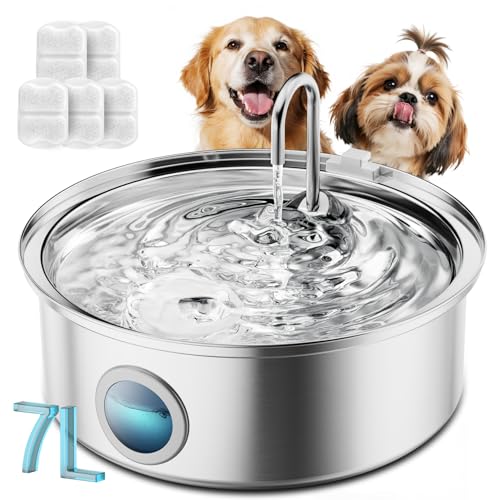 Oneisall Dog Water Fountain PWF002 | 7L/230oz Contain 5 Set Filters,25dB Quiet,Stainless Steel,Visual Water,5-Layer Filtration