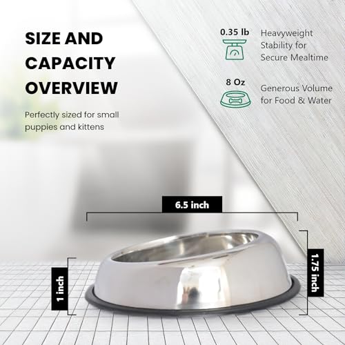 Iconic Pet 1 Cup/8 Oz Heavy Weight Non-Skid Stainless Steel High Back Pet Food/Water Bowls with Removable Anti Skid Rubber Ring - Dog/Cat Feeding Bowl in Unique Design, Dishwasher Safe - size: 1 Cup/8 oz.