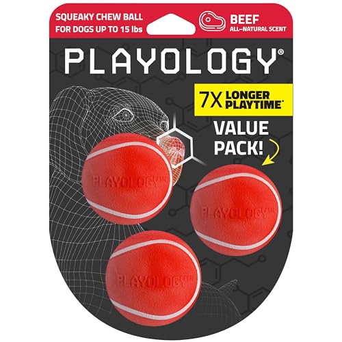 Playology Dog Toys | Squeaky Chew Ball for Dogs, Value 3-Pack | Beef Scented Small Dog Balls | Bouncy Floating Chew Toys for Fetch - size: Small (VALUE 3-Pack), style: Beef