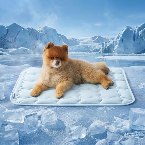 Bedsure Cooling Mat for Small Dog, Q-Max>0.5 Thin Breathable Cold Crate Pad for Puppy and Cat, Portable Washable Kennel Bed for Active Pet with Chill Soothing Fabric to Rapid Cooling, 24x18, Blue - color: Baby Blue, size: 24" x 18" (Small)