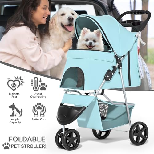 MoNiBloom 3 Wheels Pet Dog Cat Stroller for Small Medium Dogs Cats, Lightweight Foldable Jogger Stroller w/Storage Basket and Cup Holder, Mint Green - color: Mint Green
