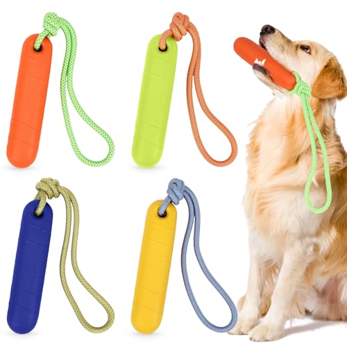 Skylety 4 Pack Floating Dog Toys with Rope Handle EVA Dog Bumper Throw Stick for Water Training Fetch Retrieving High Visibility Pool Water Toys for Beach Diving Pool Yard Summer Outdoor Play - style: Cylinder