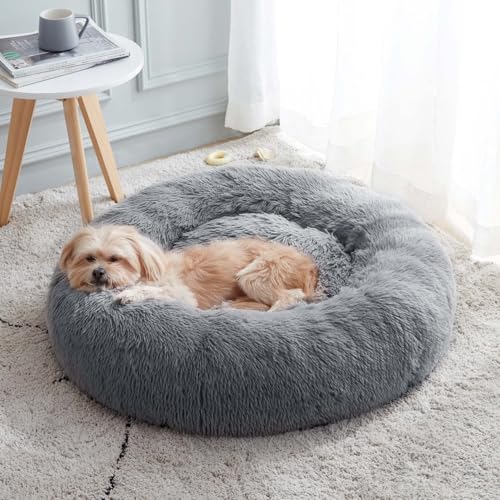 WESTERN HOME WH Calming Dog & Cat Donut Cuddler, Anti-Anxiety Warming Cozy Soft Round Bed, Fluffy Faux Fur Plush Cushion for Small Medium Dogs and Cats (20"/24"/27"/30") - color: Navy Grey, size: 20.0"l x 20.0"w x 6.0"th