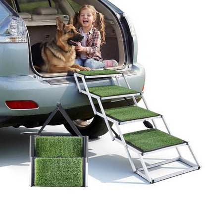 VEVOR Dog Stairs for Car, 4 Steps Extra Wide Foldable Dog Ramp for Large Dogs with Non-Slip Surface, Portable Lightweight Pet Stairs Ladder for Car, SUV, Truck, High Bed, Sofa, Support up to 200 lbs - size: 4 Steps(Grass-like)