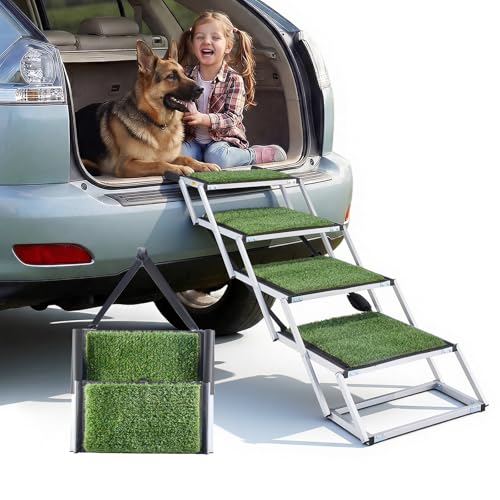 VEVOR Dog Stairs for Car, 4 Steps Extra Wide Foldable Dog Ramp for Large Dogs with Non-Slip Surface, Portable Lightweight Pet Stairs Ladder for Car, SUV, Truck, High Bed, Sofa, Support up to 200 lbs - size: 4 Steps(Grass-like)