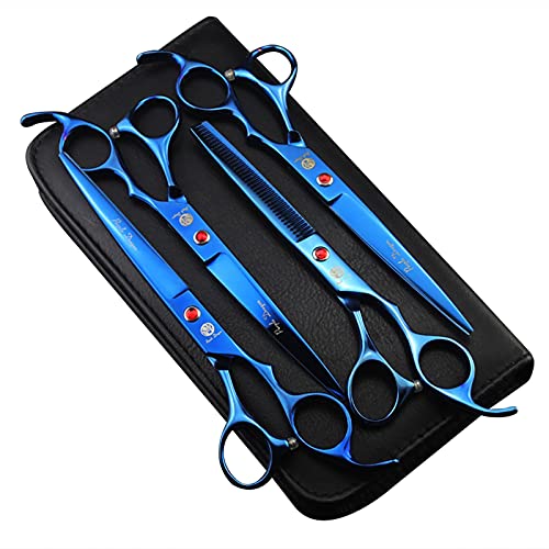 Purple Dragon Professional 7.0 inch 4PCS Pet Grooming Scissors Kit Japan Premium Steel Straight & Curved & Thinning Blade Dog Hair Cutting Shears Set with Case - color: Blue