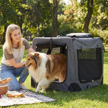 Giantex Folding Soft Dog Crate, 36 Inch Foldable Portable Dog Kennel for Large Dogs up to 70 lbs, Collapsible Soft-Sided Pet Travel Crate with 5-Sided Mesh, 3 Doors, Washable Mat & Storage Pockets - size: 36.0"L x 25.0"W x 25.0"H