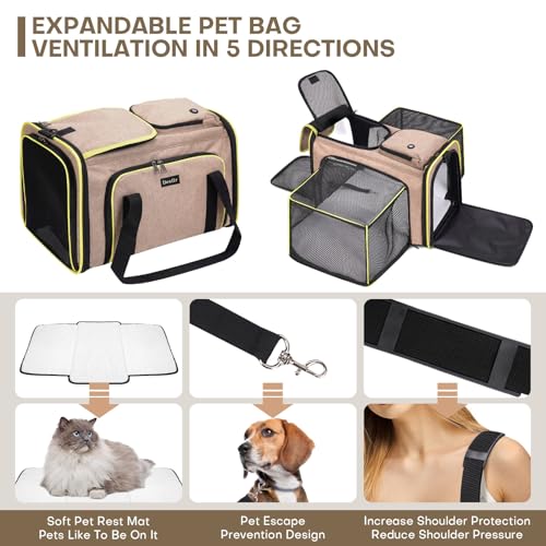 Pet Carrier, Large Soft Sided Expandable Travel Carrier with Steel Frame, Anti-Scratch Mesh, Removable Fleece Pad and Pockets for Cats, Dogs and Small Animals up to 15 lbs (Brown, 4 Sides Expandable)