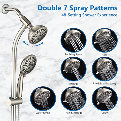 High Pressure 48-Settings Shower Head with Handheld Shower,Drill-Free 3-Way Diverter for Easy Reach,Adjustable Height Slide Bar Dual Shower Head Combo Set - Brushed Nickel - color: Brushed Nickel
