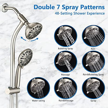 High Pressure 48-Settings Shower Head with Handheld Shower,Drill-Free 3-Way Diverter for Easy Reach,Adjustable Height Slide Bar Dual Shower Head Combo Set - Brushed Nickel - color: Brushed Nickel