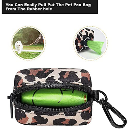 Petmolico Dog Poop Bag Holder Leash Attachment, Waste Bag Dispenser Zippered Pouch, Fits Any Leash, Includes Free Roll of Bags, 2 Pack - Leopard - color: Leopard