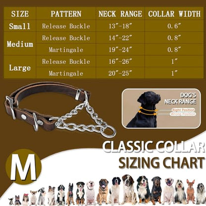 Leather Martingale Dog Collar, Soft Genuine Cowhide Handmade Assembled Stainless Steel Chain Martingale Collar Adjustable for Medium Large Dogs Pets. (M, Neck 19-24"(Martingale)) - size: M, Neck 19-24"(Martingale)