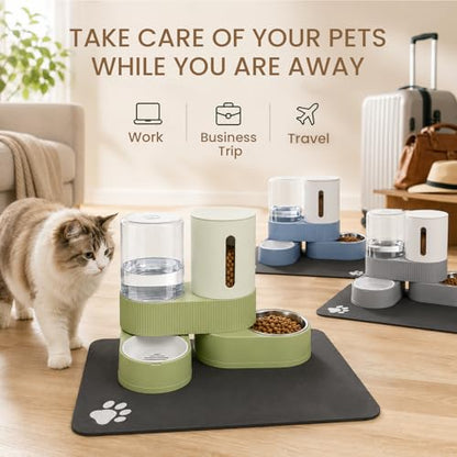 Gravity Cat Feeder 2 Pack Automatic Food Feeder and Water Dispenser Set Detachable Pet Bowl with Silicone Mat for Cats Small Medium Dogs, Large Capacity(Green) - color: Green-With mat