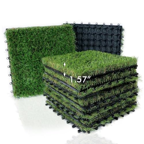 XLX TURF Outdoor Artificial Grass Tiles Interlocking Turf Squares 9 Pack, 12"x12" Fake Grass Mat for Balcony Patio Deck Flooring Decor, Pets Dog Pee Pad, Self-draining 8 Buckle System - color: 8 Buckle Lock Tile-Green, size: 12"x12"/9 Piece