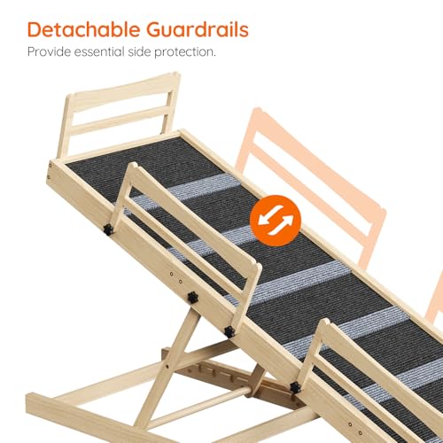 HOOBRO Dog Ramp for Bed, 63" Long Folding Pet Ramp with Non-Slip Mat and Safety Side Rails, 5 Height Adjustable up to 29.5", Wooden Dog Ramp for Couch, for Small/Large Dogs, Natural and Black NB46PT03 - size: 63.0"L x 17.7"W x 3.7"H