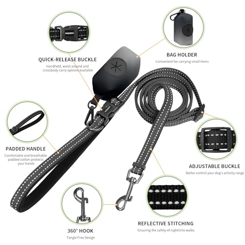Kazazoo Hands-Free Dog Leash with Poop Bag Holder, Adjustable 4-7 Ft Waist for Dog Walking, Running for Small Dogs with Reflective Strips, Nylon Waist Belt, Black - color: Black