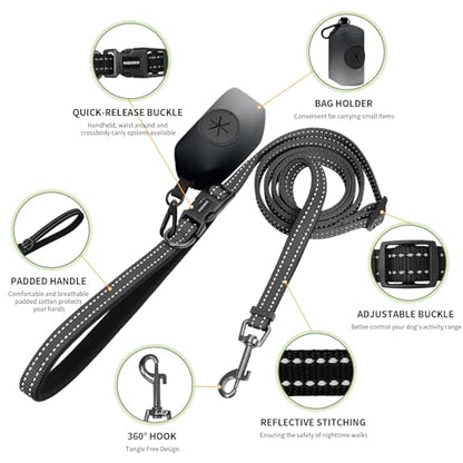 Kazazoo Hands-Free Dog Leash with Poop Bag Holder, Adjustable 4-7 Ft Waist for Dog Walking, Running for Small Dogs with Reflective Strips, Nylon Waist Belt, Black - color: Black