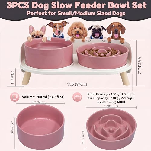 Elevated Slow Feeder Dog Bowls - Ceramic Food and Water Bowl Set with Stand - Raised Pet Dishes for Small and Medium Sized Dogs - color: Pink