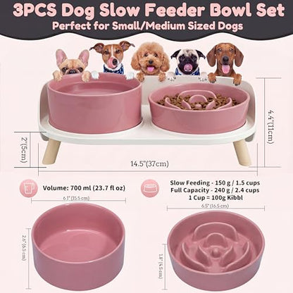 Elevated Slow Feeder Dog Bowls - Ceramic Food and Water Bowl Set with Stand - Raised Pet Dishes for Small and Medium Sized Dogs - color: Pink