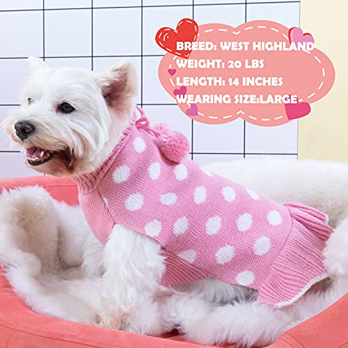 KYEESE Valentines Dog Sweater Dress, Warm Dog Sweaters for Small Dogs Girl Cats Dogs Clothes, Pullover Cozy Knit Pet Appare with Leash Hole, Pink Dot, S - color: 03# Polkadot (Pink), size: Small (3-6lbs)