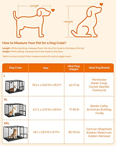 Feandrea 36.4 Inch Heavy Duty Dog Crate, Metal Escape Proof Kennel with Double Doors and Convenient Feeding Door, Removable Tray, Easy to Clean, L Pet Crate for Medium and Small Dogs, Black - size: 36.4"L x 22.6"W x 25.2"H
