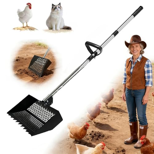 Chicken Poop Scooper and Rake 2-in-1, 10” Wide Metal Coop Scoop for Sand Sifting Shovel with 22" to 62” Adjustable Stainless Steel Handle, Cleaning Tools for Chicken Coops & Farm Animals Scoop