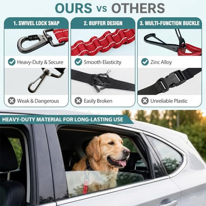 Dog Car Seat Belt 3-in-1, Escape Proof Dog Seatbelt for Car, Adjustable Pet Seat Belt with Shock Absorbing Bungee, Heavy Duty Dog Safety Belt for Small Medium Large Dogs, Red - color: Red