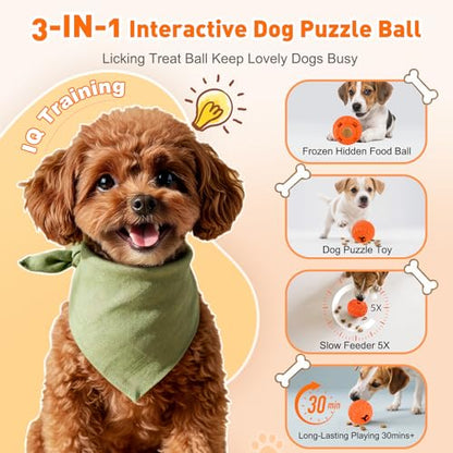 Interactive Dog Frozen Treat Toys, Dog Puzzle Enrichment Ball to Keep Them Busy, Slow Food Training, Durable Rubber Chew Dispensing Toy, Freezable Fillable Ball, for Small Medium Large Dogs (Orange) - color: Orange