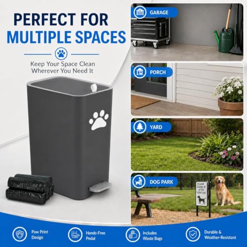 8L/2 Gal Dog Poop Trash Can Outside, Outdoor Dog Wast Trash Container with Step Pedal, Plastic Pet Waste Garbage Can-(Include 90 Waste Bags)-Ideal for Yard,Porch