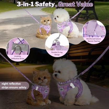 Gyuzh Dog Harness and Leash Set, 3-in-1 Step in No Pull Harness Vest Collar for Small Dogs & Cats, Lightweight Breathable Mesh Reflective Plaid with Padded Handle (Purple, XXS) - color: Purple, size: XXS