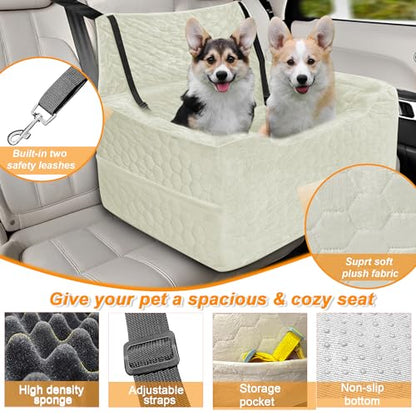 Dog Car Seat for Medium/Large Dog Booster Seat Under 60 lbs or 2 Small Dogs, Multi-Functional Pet Car Seat with Thick Cushion, 2 Safety Leashes (White) - color: White