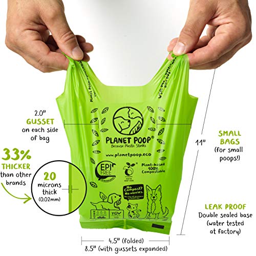 Planet Poop Compostable Dog Poop Bags for Small Pets, Large Single Roll 200 Mini Size Grab & Go, Biodegradable Un-Scented Dog Waste Bags with Handles, Leakproof Doggy Cat Bag, Plant Based Pet Supplies - size: 200 Count (Pack of 1)