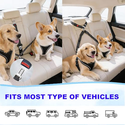 Double Dog Seat Belt for Car, Adjustable Headrest Restraint Safety Seatbelt with Reflective Bungee & Tangle-Free Swivel, No-Pull Split Leash for Vehicle Travel & Walking 2 Dogs, Black