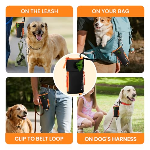 Dog Poop Bag Holder for Leash with 2 Waterproof Storage Pouches, Carabiner Clip, Zipper Soft Doggy Pouch for Pet Waste Bags, Dog Walking, Training, Travel (Black) - color: Black