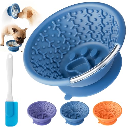Dog Lick Bowl, Non-Slip Slow Feeder Licking Mat & Treat Dispenser (Wide Bowl Mouth w/Inlaid Stainless Steel Ring) - Interactive Toys, Anxiety Reducer, Freeze Bone for Dogs, BPA Free Silicone(Blue) - color: blue