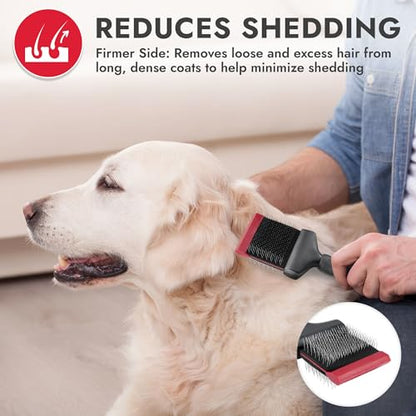 KONG Double-Sided Flexible Slicker Brush – De-Shedding & Detangling Tool, Padded Grip, Long Metal Pins, Flexible Head, for Medium to Large Dogs with Medium to Long Coats, Red/Gray - size: Medium Double-Sided Flexible Slicker