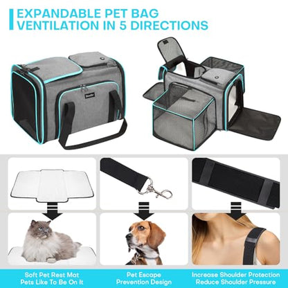 Pet Carrier, Large Soft Sided Expandable Travel Carrier with Steel Frame, Anti-Scratch Mesh, Removable Fleece Pad and Pockets for Cats, Dogs and Small Animals up to 15 lbs (Gray, 4 Sides Expandable) - color: Gray