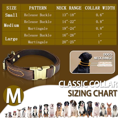 Leather Dog Collar with Metal Quick Release Buckle, Soft Genuine Cowhide Heavy Duty Metal Dog Collar Adjustable for Small Medium Large Dogs Pets. (M, Neck 14-22"(Release Buckle)) - size: M, Neck 14-22"(Release Buckle)
