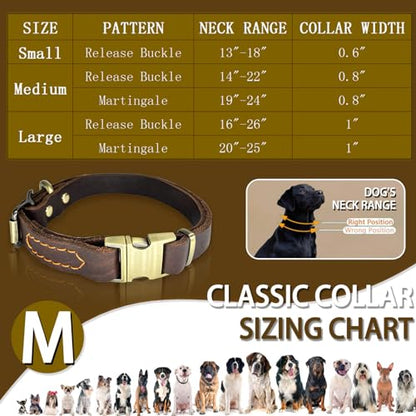 Leather Dog Collar with Metal Quick Release Buckle, Soft Genuine Cowhide Heavy Duty Metal Dog Collar Adjustable for Small Medium Large Dogs Pets. (M, Neck 14-22"(Release Buckle)) - size: M, Neck 14-22"(Release Buckle)