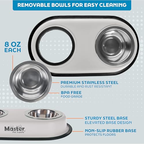 Master Pet Supply Double Dog Bowls Set with Elevated Base and 2 (8 oz) Stainless Steel Removable Dishes (Bone White) – Double Cat Food Water Bowl, Dog Puppy Food Bowl Set, Rust Resistant - color: Bone White