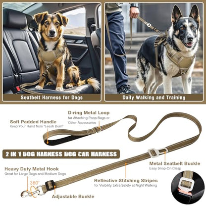 Tactical Dog Harness and Leash Set Small Sized Dog,Heavy Duty No Pull Service Dog Vest and 10 Patches with Dog Seat Belt,Reflective Adjustable Pet Harness for Training Walking Hiking Brown S - color: Brown, size: Small