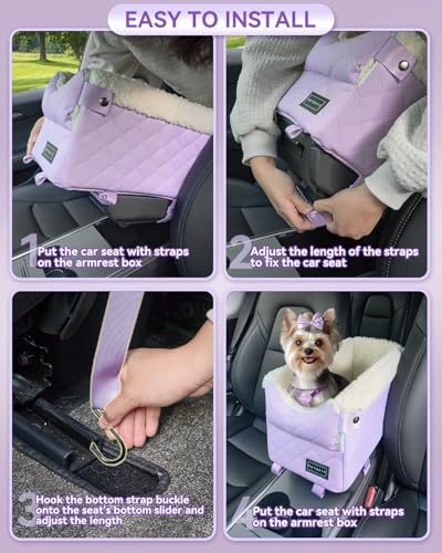 PETSFIT Cat Car Seat with Safe Protection Hooks, Center Console Dog Car Seat with Upgraded Safety Tethers, Washable Cushion, Dog Car Seats for Small Dogs Up to 8 Lbs (Purple) - color: Purple