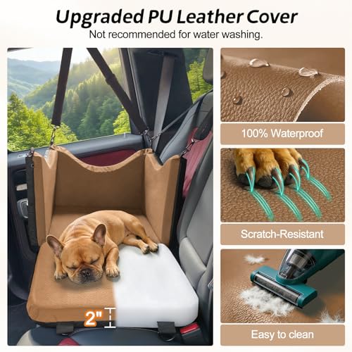 JOEJOY Dog Car Seats for Small Medium Dogs Under 35lbs, Waterproof PU Leather Dog Booster Seat with Detachable Cover, Thickened Memory Foam Pet Car Seat with Safety Belt and Storage Pockets - color: Brown