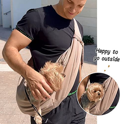 NATUYA Dog Sling Puppy Carrier for Small Dogs Hand Free Doggie Walking Bag Adjustable Shoulder Strap Zip Pocket Safety Belt Protective Mesh Pet Carrier for Travel Outdoor Subway, Khaki - color: Khaki