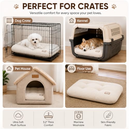 Washable Dog Bed Ultra Soft Plush Dog Crate Mat, Dog Bed for Crate, 3.2" Thick Dog Bed Mat, Kennel Pad for Small and Medium Dogs, Beige (Beige, 18" L x 18" W x 3.2" Th) - size: 18"L x 18"W x 3.2"Th