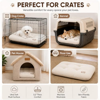 Washable Dog Bed Ultra Soft Plush Dog Crate Mat, Dog Bed for Crate, 3.2" Thick Dog Bed Mat, Kennel Pad for Small and Medium Dogs, Beige (Beige, 18" L x 18" W x 3.2" Th) - size: 18"L x 18"W x 3.2"Th