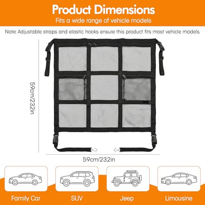 Loscarol Dog Car Barrier, Rear-Seat Divider Net with 3 Zipper Storage Bag, Drill-Free Install Abrasion-Resistant Mesh to Block Front Seats, Vehicle Safety Partition for SUV & Truck