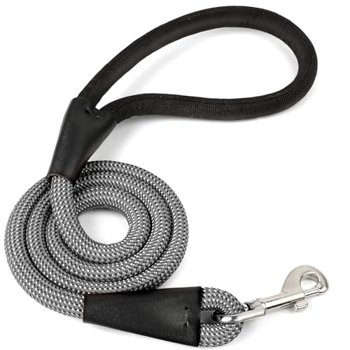 Rope Dog Leash 4 FT, 1/2 Inch Heavy Duty Round Dog Leash with Soft Padded Non-Slip Handle, Reflective Nylon Rope & Strong Metal Clip for Medium Large Giant Dogs,Black