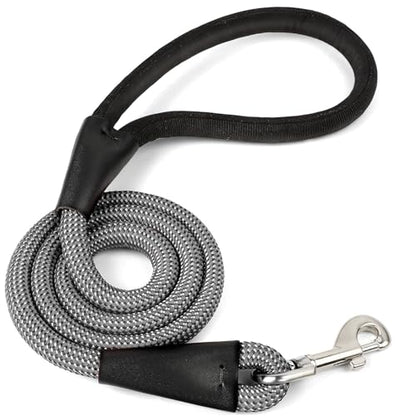 Rope Dog Leash 4 FT, 1/2 Inch Heavy Duty Round Dog Leash with Soft Padded Non-Slip Handle, Reflective Nylon Rope & Strong Metal Clip for Medium Large Giant Dogs,Black